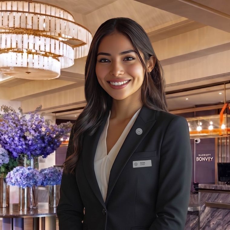 Rosa standing in a hotel lobby